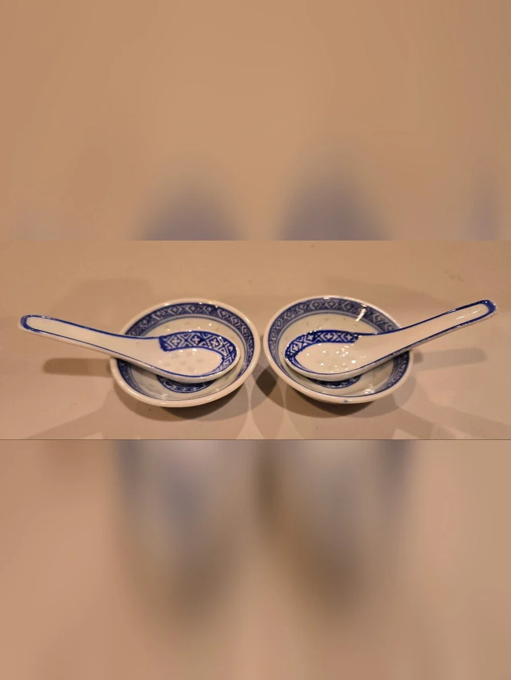 Blue and White Porcelain Soup Bowls with Matching Spoons - Set of 2